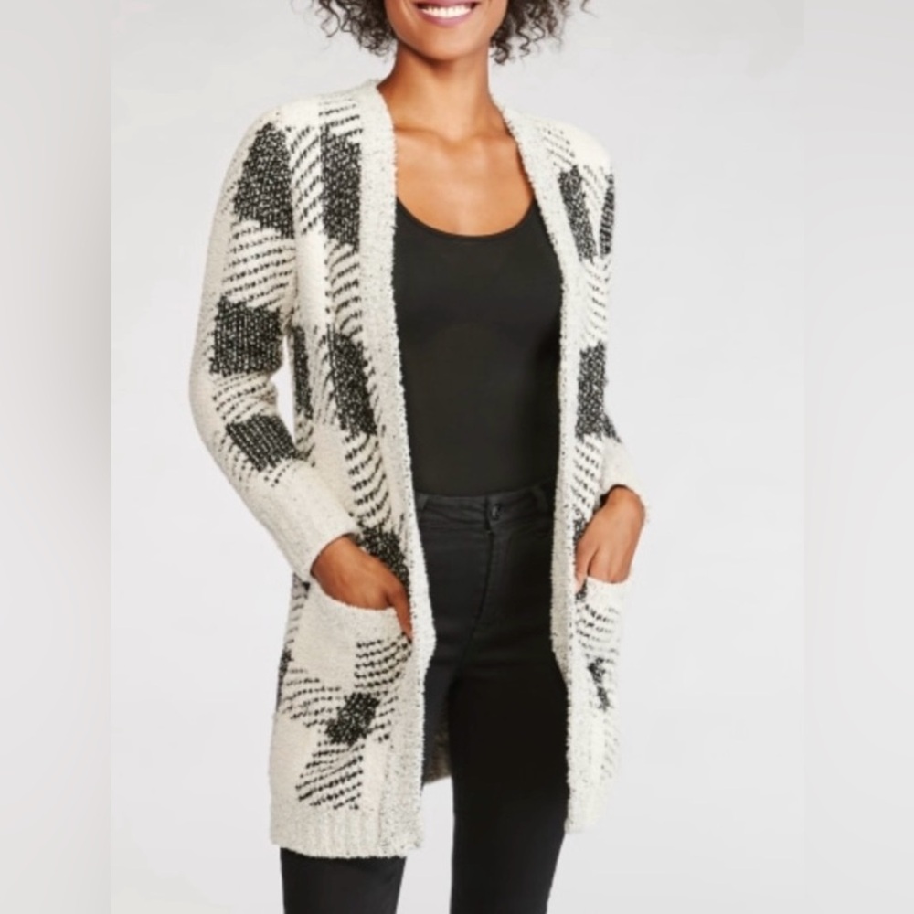 Metric Knits Cozy Fuzzy Long Cardigan Sweater in Beige/Black Plaid